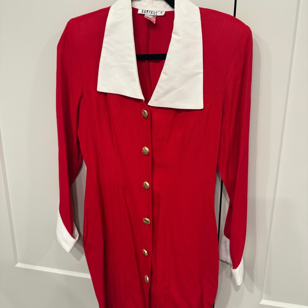 Rampage Red White peter pan Collar Long Sleeve Button Front Dress Size 12 VTG‎